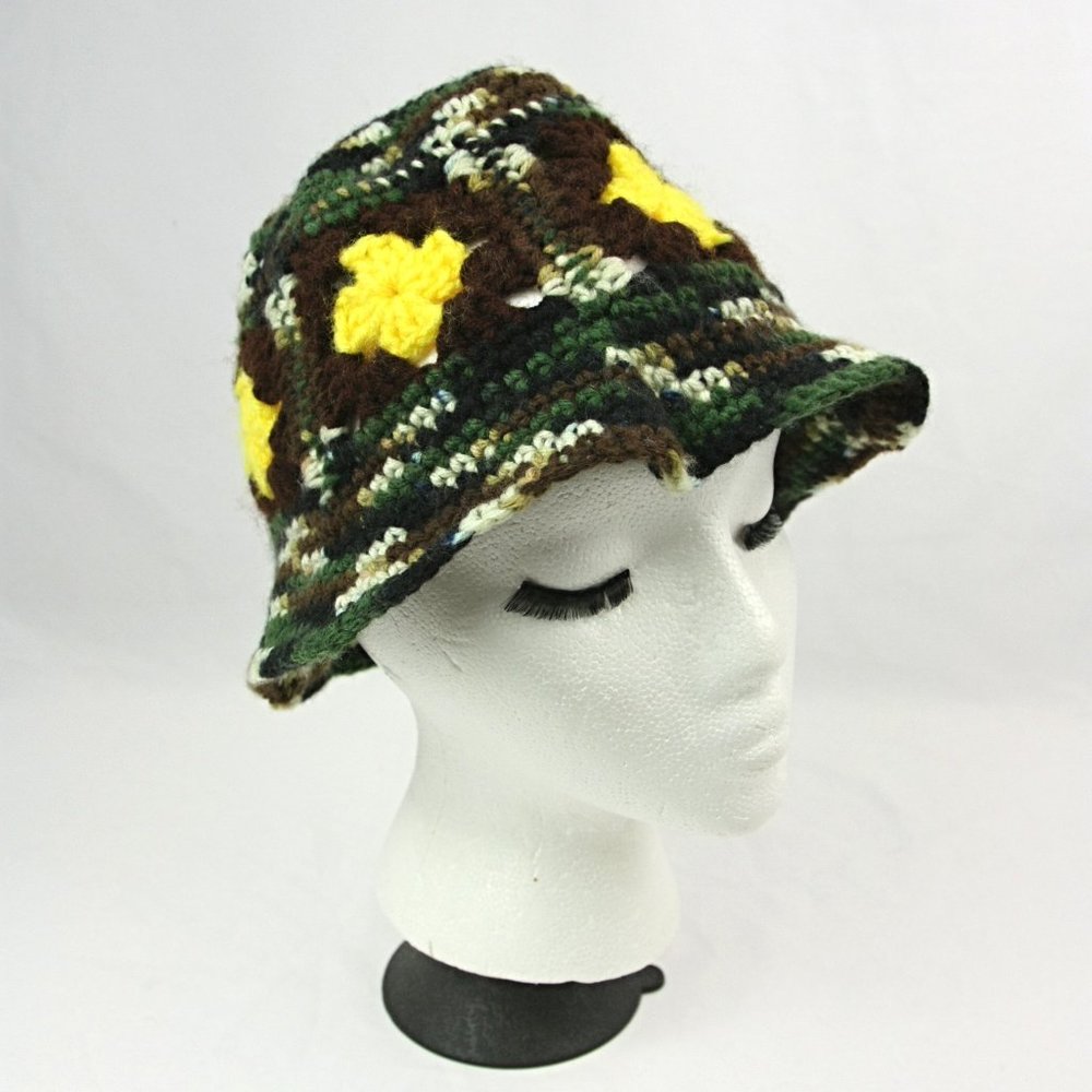 Vintage Handmade Knitted Crocheted Yellow Floral Floppy Bucket Clochet Hat 1990s